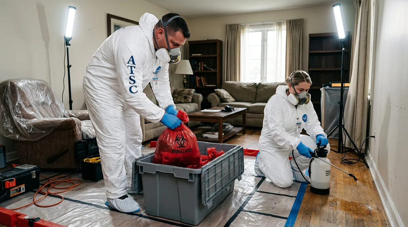 Professional Biohazard Cleanup technician in full PPE working in Costa Mesa